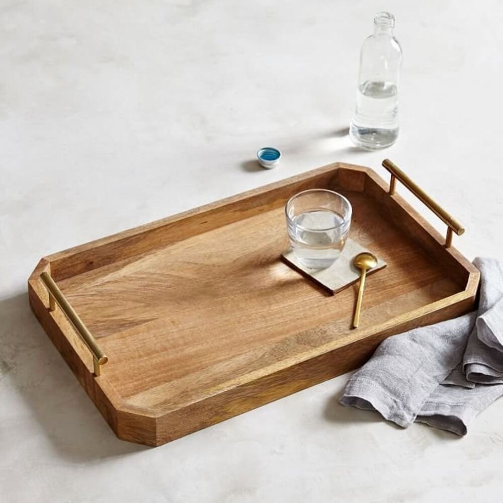 West Elm Wooden Serving Tray with Gold Handles